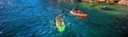 A family kayaking on the seas of Baja California
